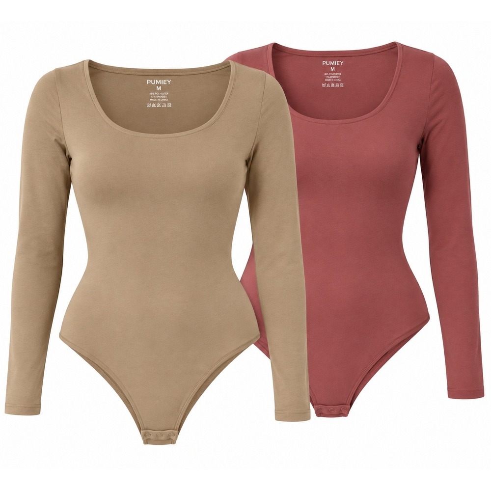 Pumiey Womens Long Sleeve Bodysuit 2 Pack Tan Rose Medium HA1.C1038